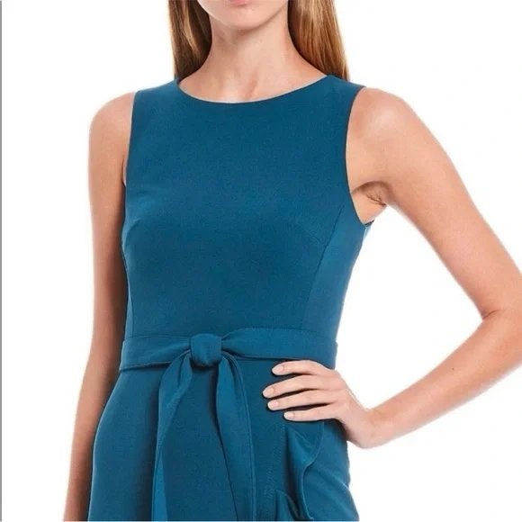 Calvin Klein ruffle sheath dress tie waist flounce hem size 4 teal - Picture 3 of 13